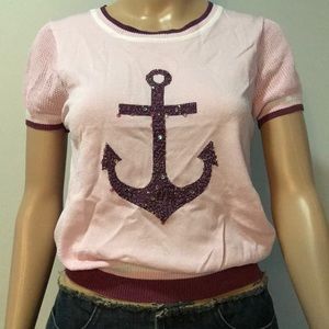 Super Cute Pink Embroidered Anchor Women Knit Top